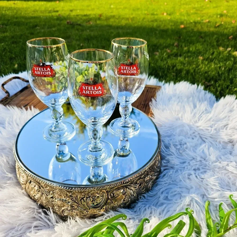 Set Of 3 Gold Rim 33cl Stella Artois Beer Chalice Glasses.